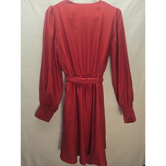 Express Wrap Dress Womens Size Sm Red Surplice Front Deep Vneck Bishop Sleeve - Picture 6 of 8